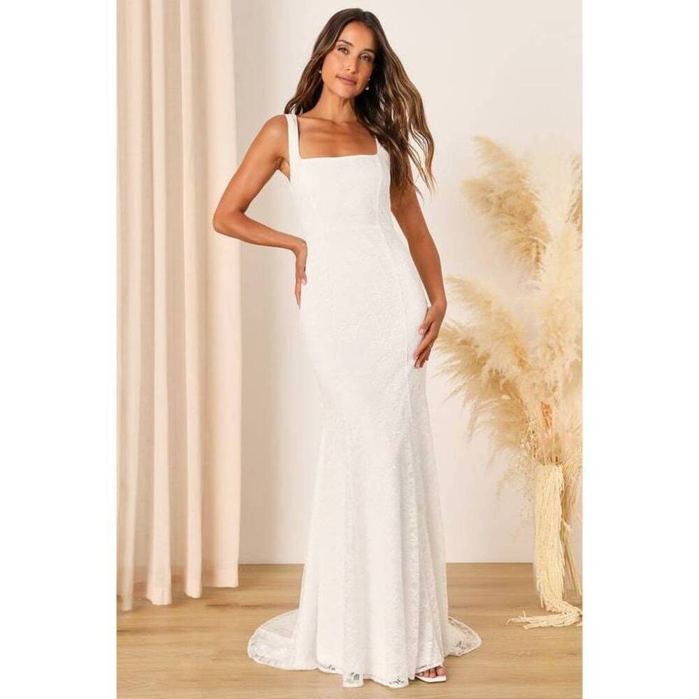 Lulus Eternal Happiness White Lace Square Neck Mermaid Maxi Dress - Size S